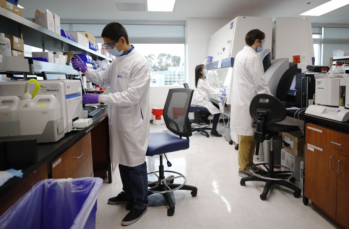 Researchers work in a lab at Inovio Pharmaceuticals, a biotech company in San Diego that is developing a COVID-19 vaccine. 