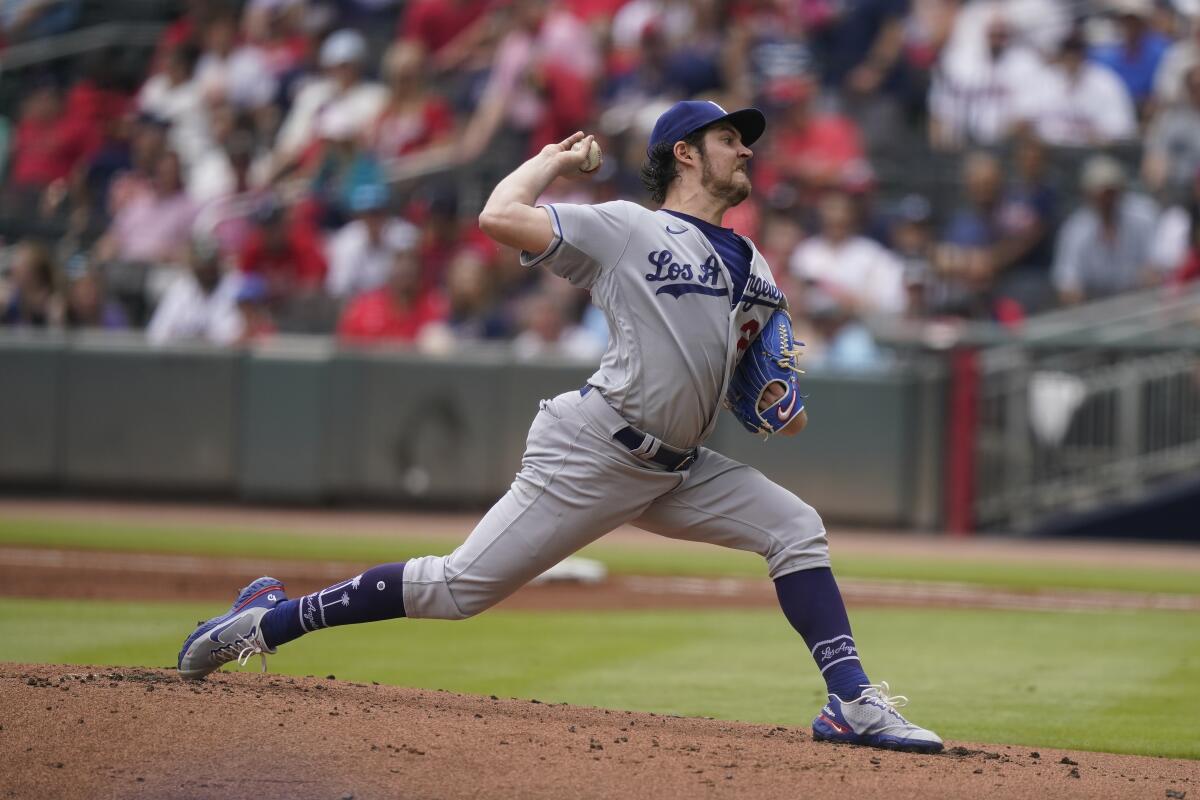 Dodgers starting pitcher Trevor Bauer delivers against the Atlanta Braves in June 2021.