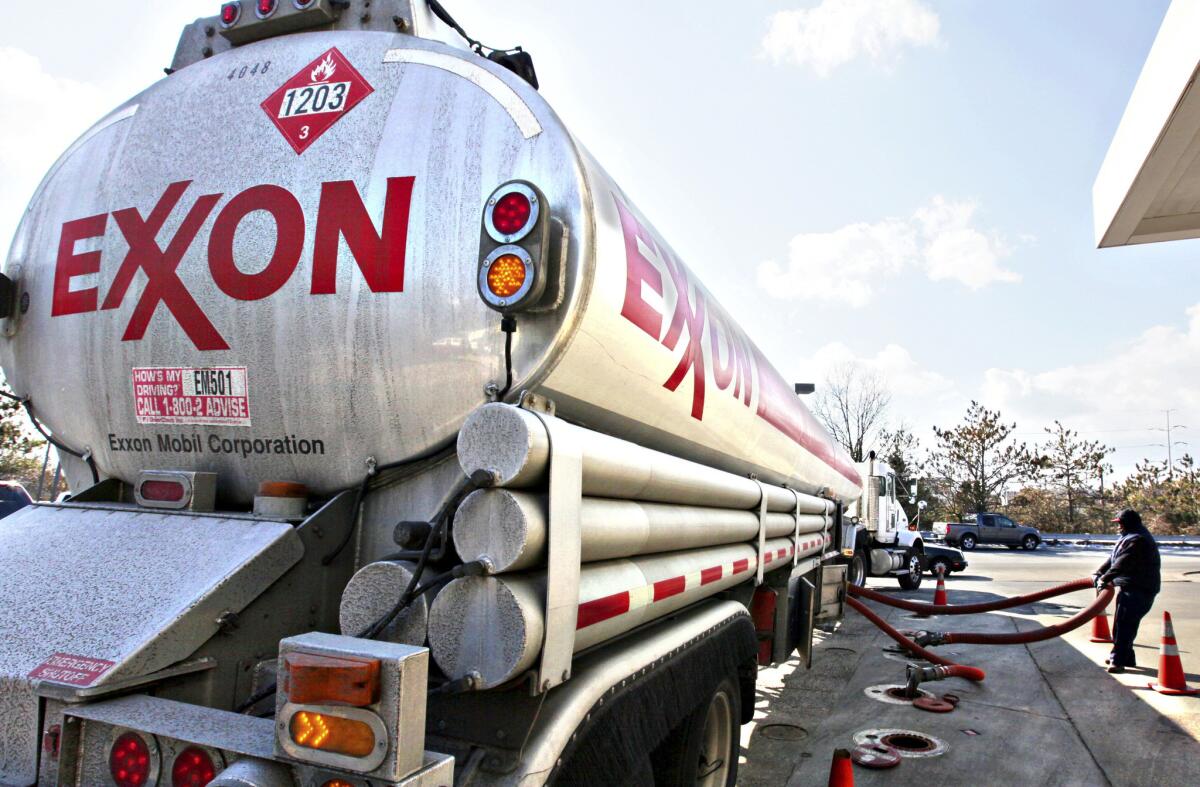 An Exxon Mobil ship sailed for 70 days off the coast of Singapore but never picked up fuel for California from the company’s two refineries there. Above, an Exxon tanker truck.