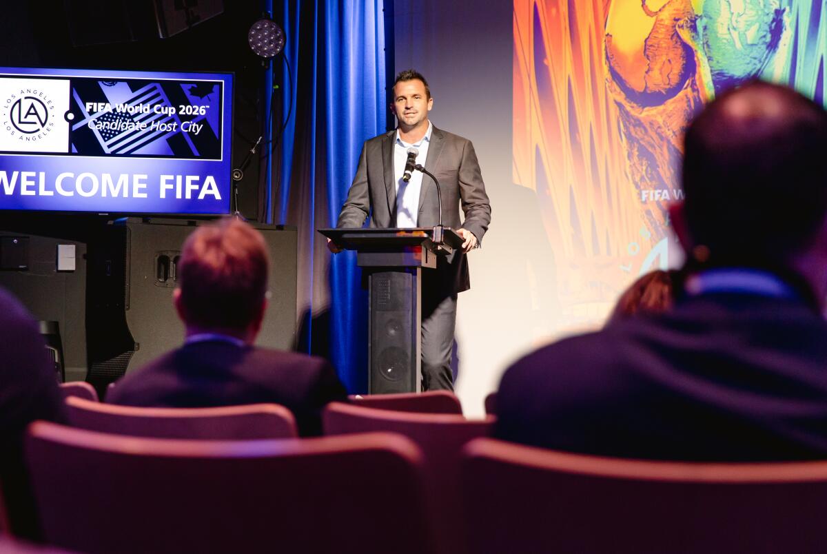 Chris Klein, co-chair of the Los Angeles World Cup Host Committee, speaks to FIFA World Cup delegation.