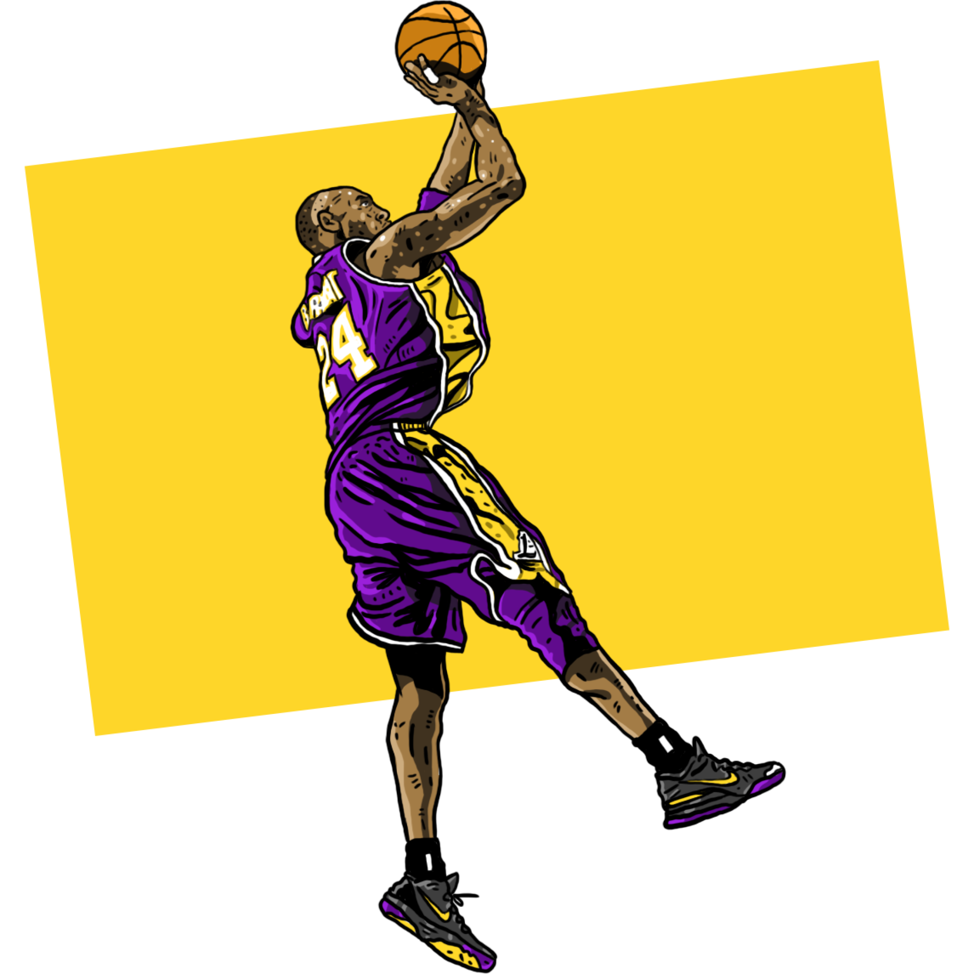 Illustration of Kobe Bryant wearing a purple #24 jersey making a jumper.