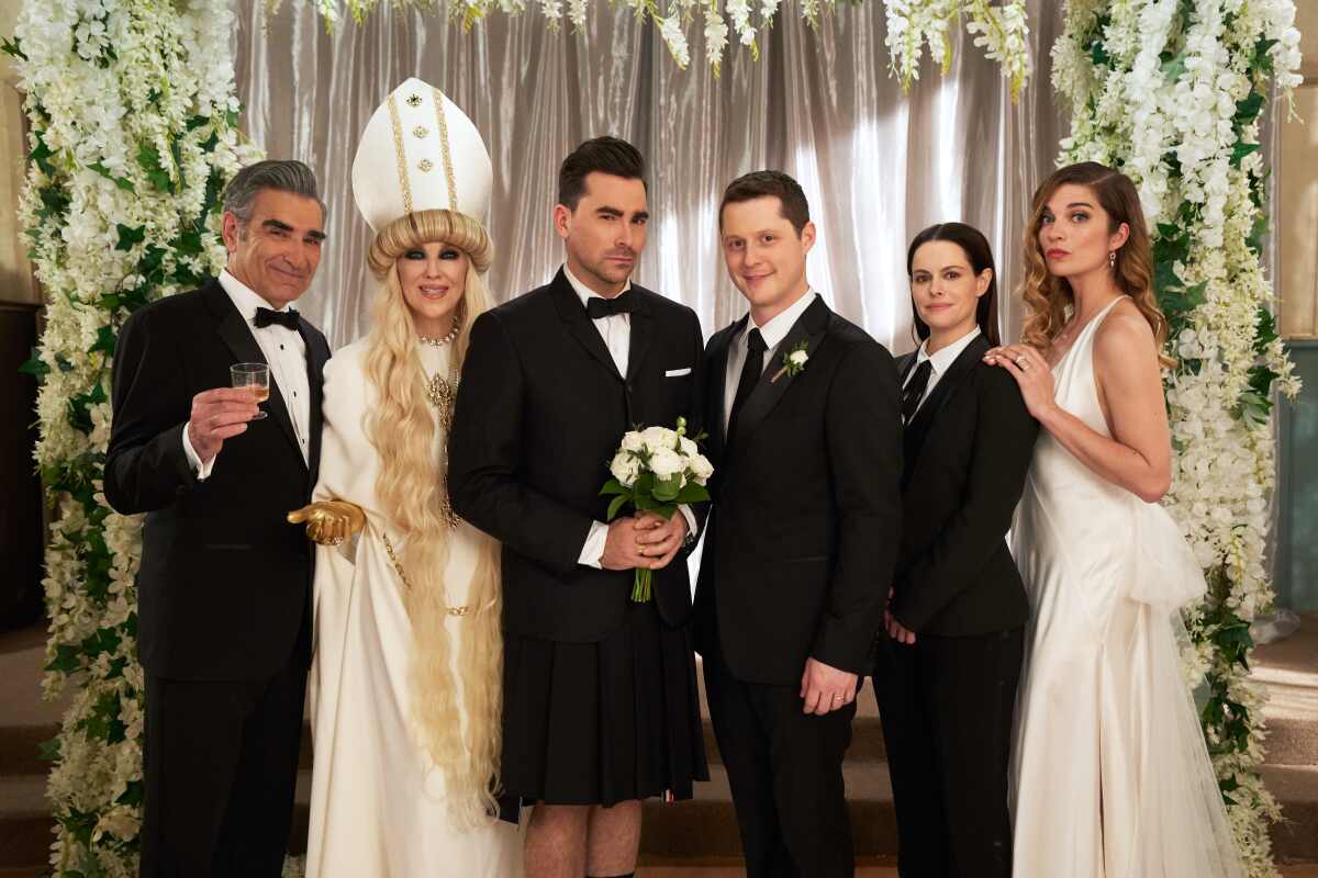"Schitt's Creek" cast — Eugene Levy, from left, Catherine O'Hara, Dan Levy, Noah Reid, Emily Hampshire and Annie Murphy.
