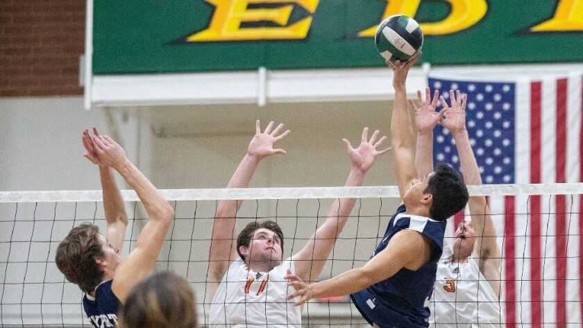 Newport Harbor's Joe Karlous, right, seen in the Orange County Championships on March 2, was named the MVP of the Best of the West Tournament in Poway on Saturday.