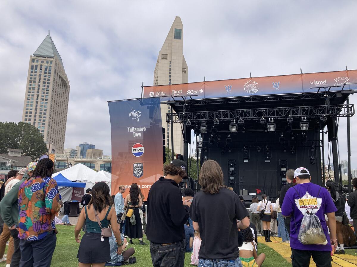 A small crowd gathers near a stage on Friday at the Wonderfront Music & Arts Festival in downtown San Diego.