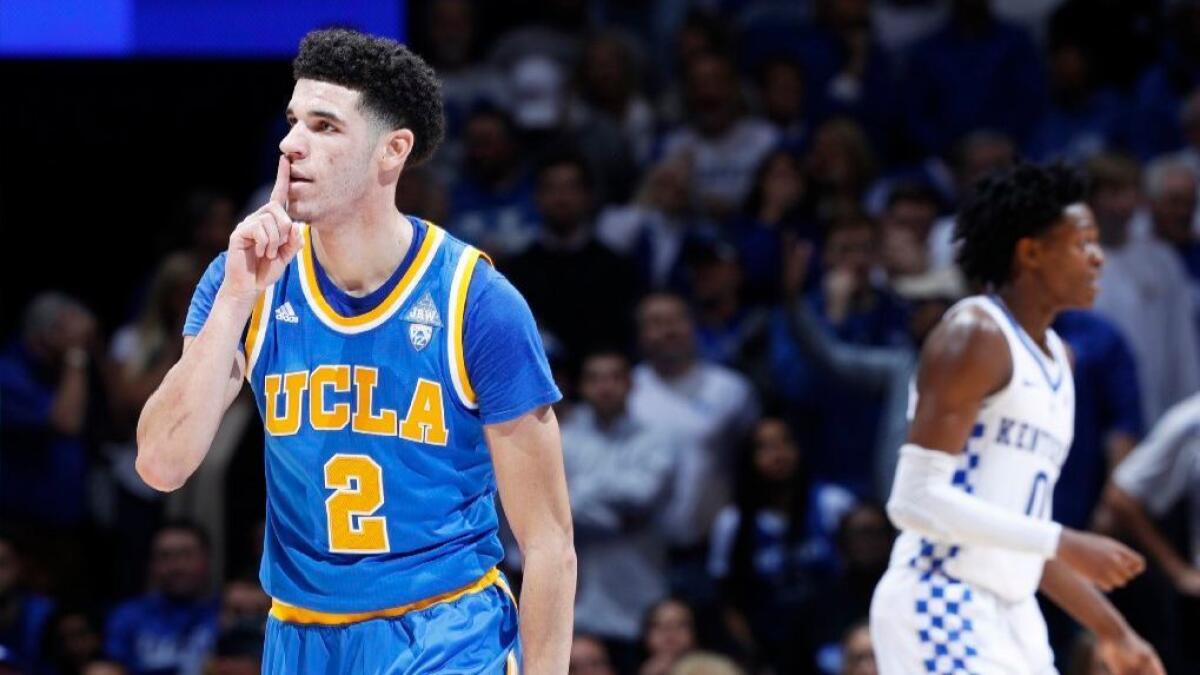 UCLA's Lonzo Ball reacts after making a three-pointer against Kentucky on Saturday.