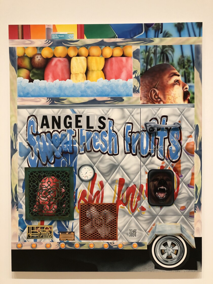 A painting shows a portion of a frutas cart with the sign "Angels Sweet Fresh Fruits" with a QR code at the bottom.
