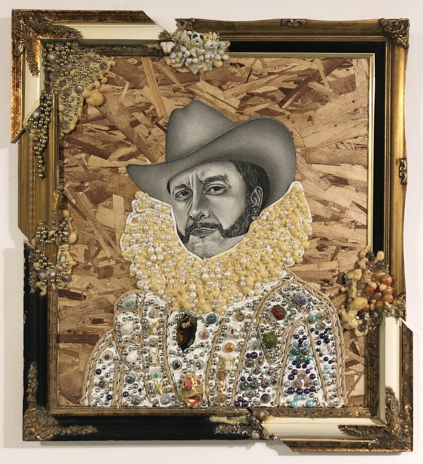 A multimedia collage portrait shows a man in cowboy hat in a pose and clothing similar to 17th century Dutch painting.