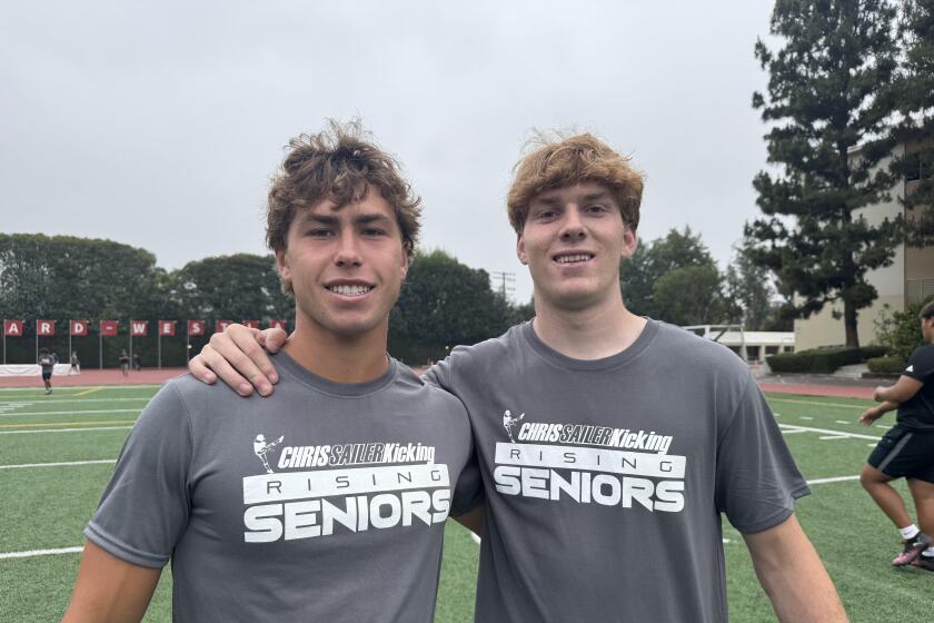 Mira Costa kicker Nick Talbot (left) and punter Jackson Shevin.