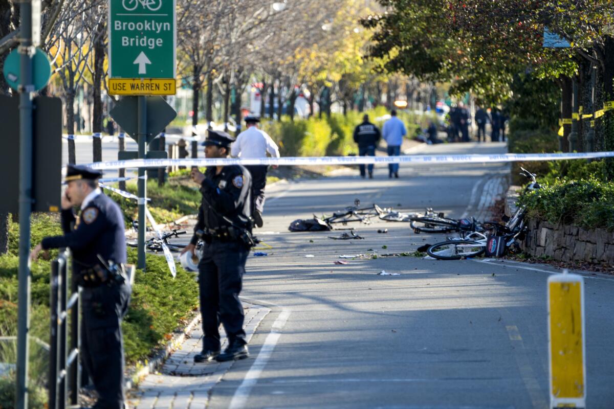 Bicycles and debris lie on a bike path in Lower Manhattan at the site of the attack.