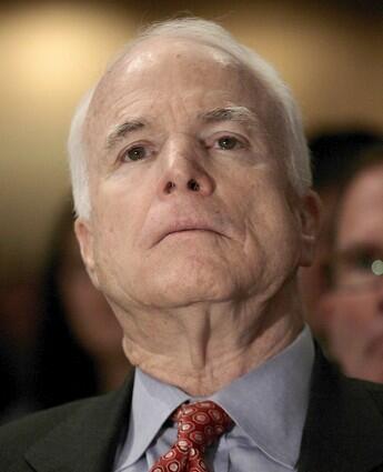 US Presumptive Republican presidential nominee Senator John McCain (Republican Arizonia) listens to the speech of U.S. President George W. Bush.