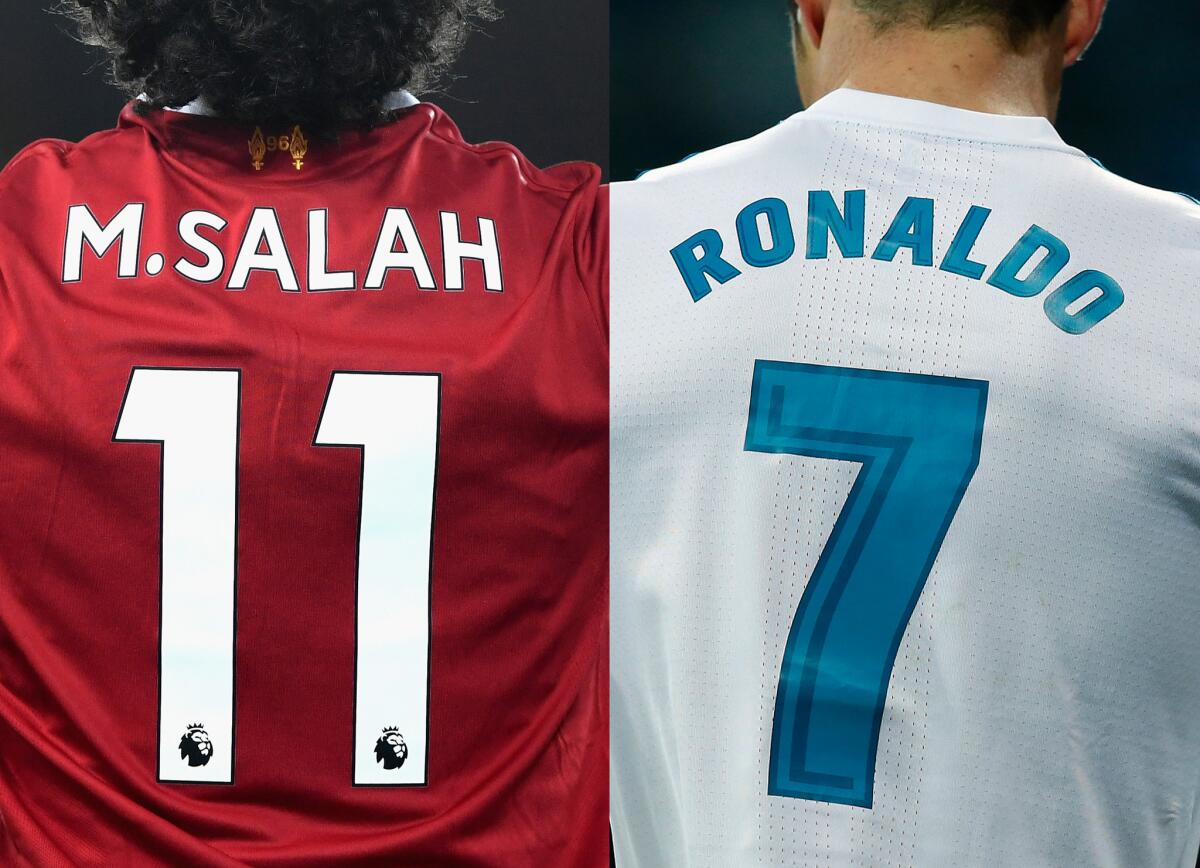 In this composite image a comparision has been made between Mohamed Salah of Liverpool and Cristiano Ronaldo of Real Madrid CF. Real Madrid and Liverpool meet in the UEFA Champions League Final on May 26, 2018 at the NSC Olimpiyskiy Stadium in Kiev, Ukraine. ***LEFT IMAGE*** LIVERPOOL, ENGLAND - NOVEMBER 25: Mohamed Salah of Liverpool celebrates scoring his sides first goal during the Premier League match between Liverpool and Chelsea at Anfield on November 25, 2017 in Liverpool, England.