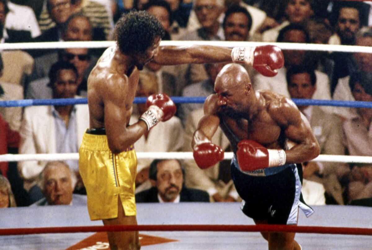Marvin Hagler, right, stalks Thomas Hearns during a fight in the 1985.