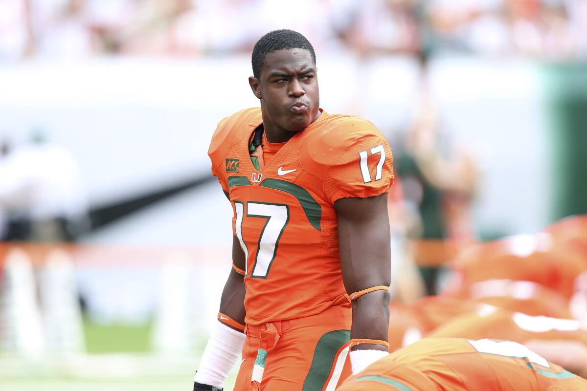 Miami's Tyriq McCord looks on during a game in September 2013.