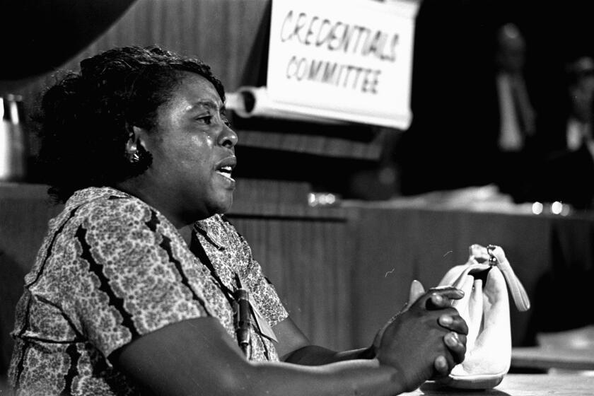 In this Aug. 22, 1964 photo, Fannie Lou Hamer, a leader of the Freedom Democratic party, speaks at a national convention.