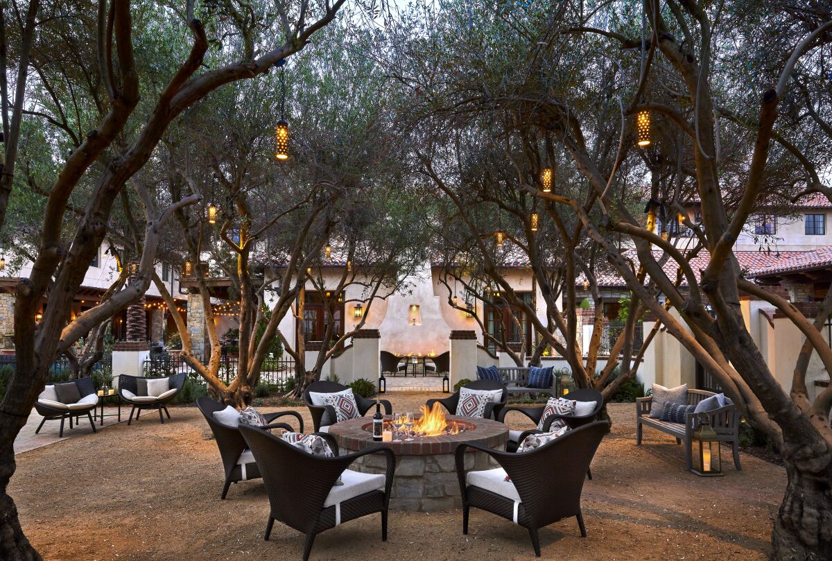 Outdoor dining in a grove of olive trees at San Juan Capistrano's new Inn at the Mission hotel