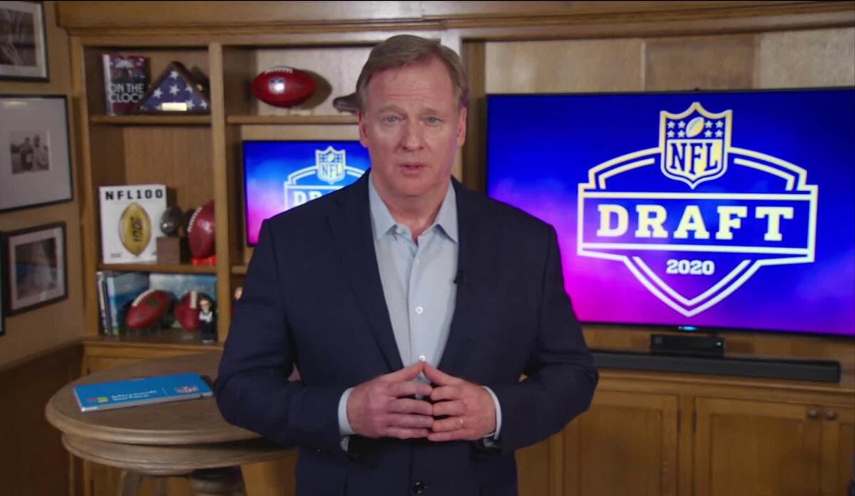 UNSPECIFIED LOCATION - APRIL 23: (EDITORIAL USE ONLY) In this still image from video provided by the NFL, NFL Commissioner Roger Goodell speaks from his home in Bronxville, New York during the first round of the 2020 NFL Draft on April 23, 2020. (Photo by NFL via Getty Images)