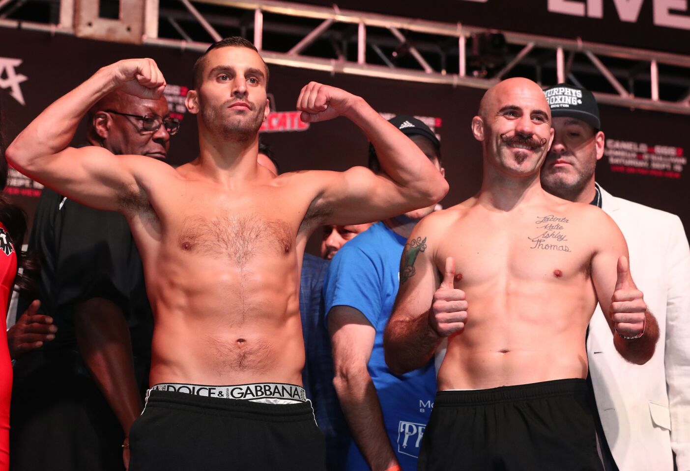 LAS VEGAS, NV - SEPTEMBER 14: David Lemieux and Gary "Spike" O'Sullivan pose after their weigh in for their middleweight bout at the T Mobile Arena on September 14, 2018 in Las Vegas, Nevada. (Photo by Al Bello/Getty Images) ** OUTS - ELSENT, FPG, CM - OUTS * NM, PH, VA if sourced by CT, LA or MoD **