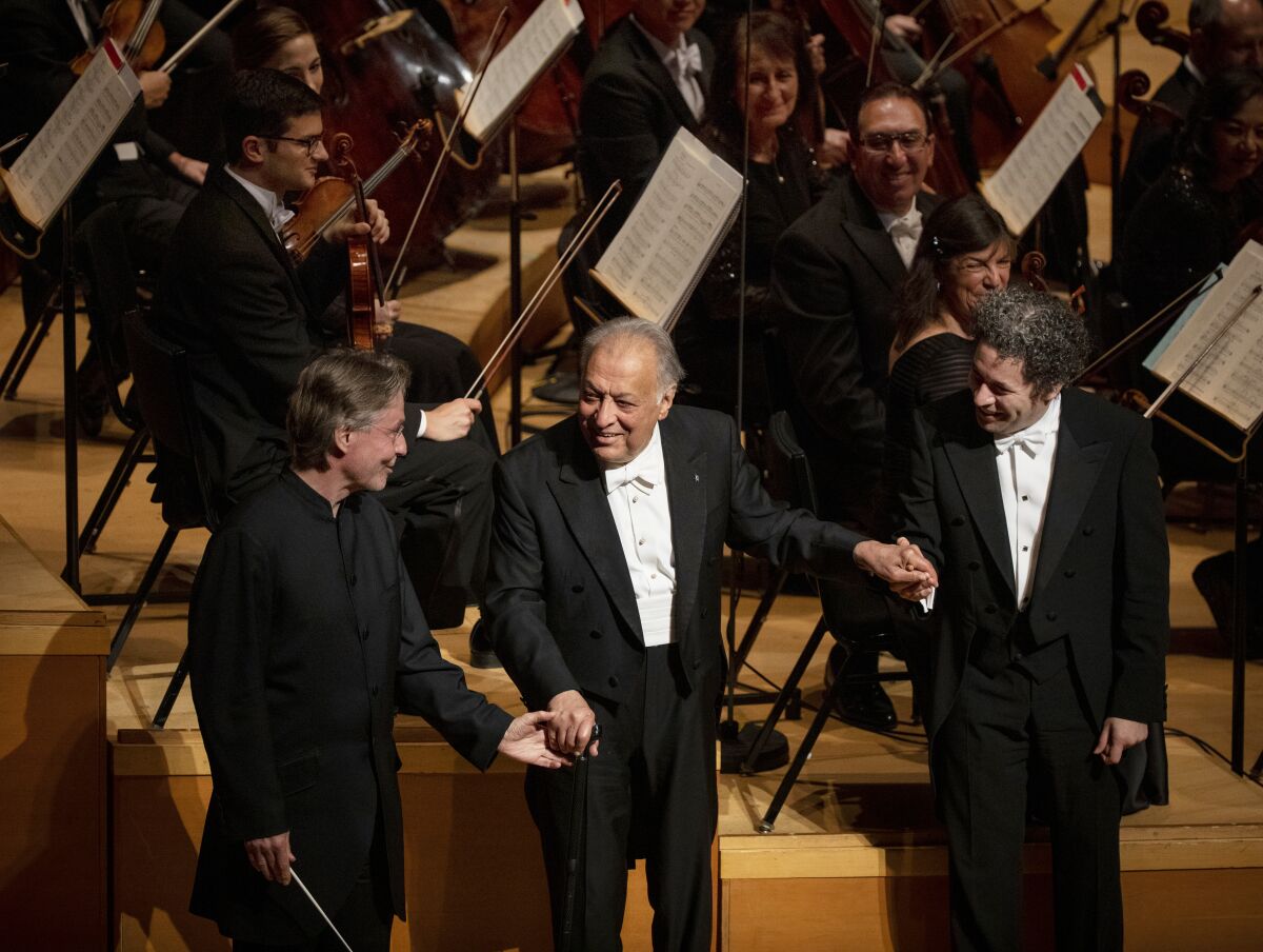 Esa-Pekka Salonen, Zubin Mehta and Gustavo Dudamel at the L.A. Phil 100th anniversary gala at Walt Disney Concert Hall