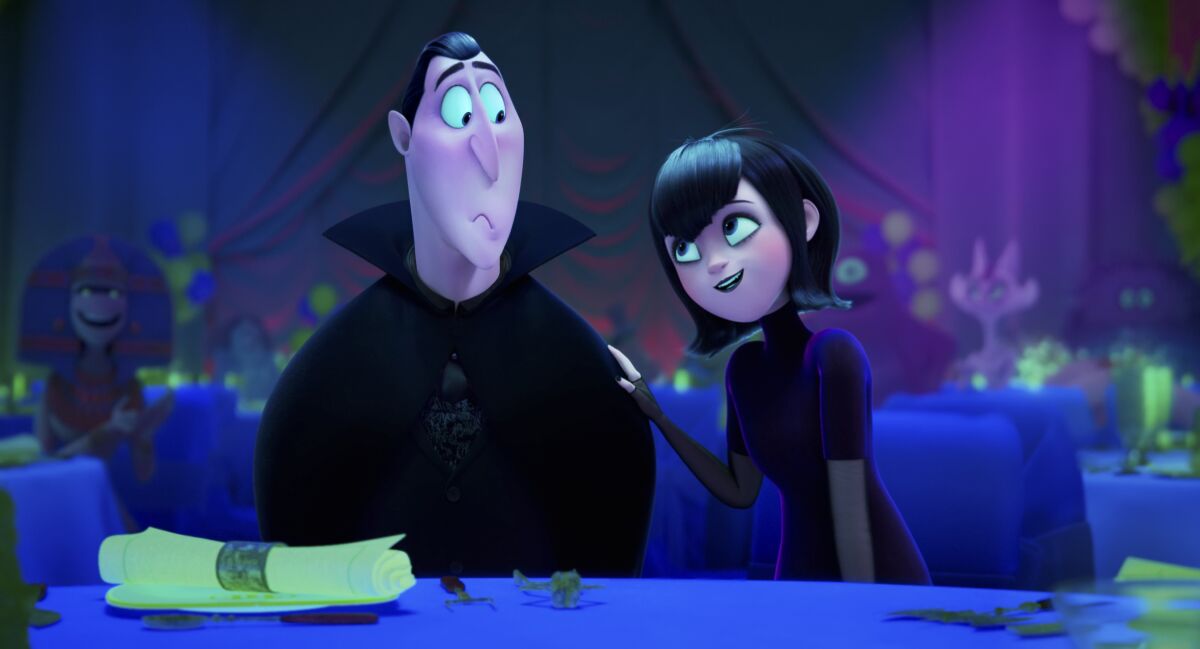 A woman with her hand on her father's shoulder in an animated film.