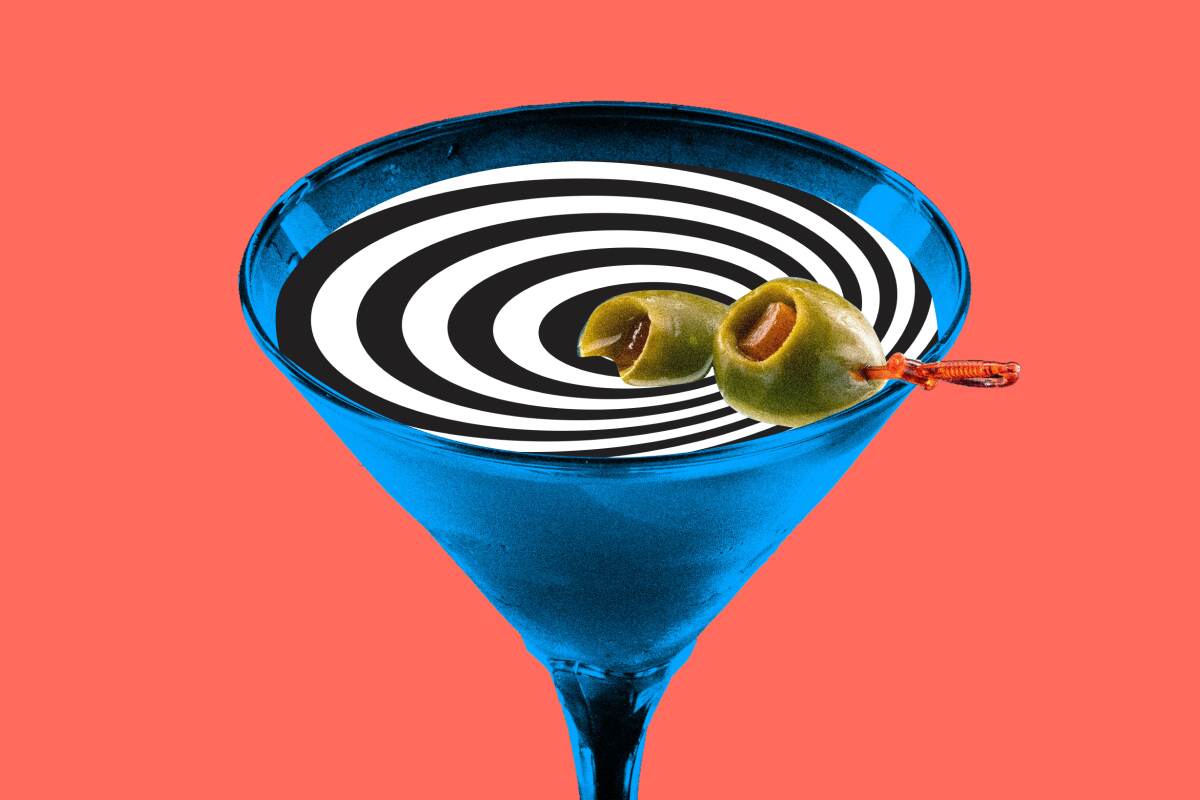 Blue martini glass full of a black and white spiral vortex.