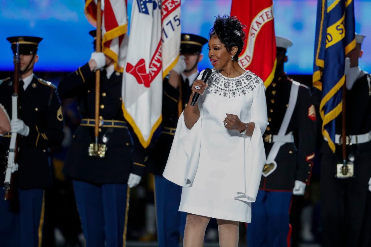 Gladys Knight sings the national anthem at Super Bowl LIII at Mercedes-Benz Stadium in Atlanta.