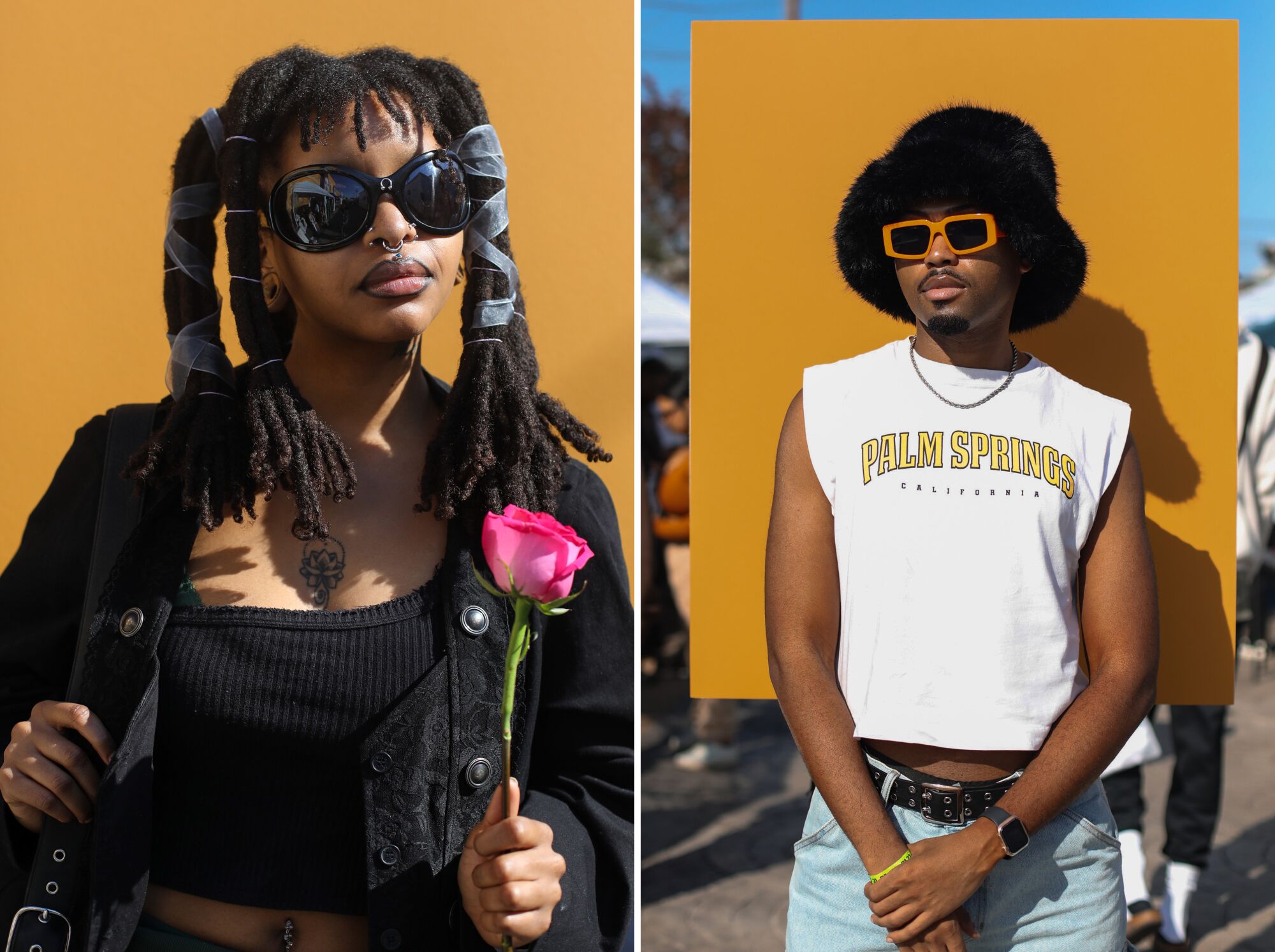 Rah-San "Sage" Bailey and Aaron Smith(R) pose for portraits while attending Black Market Flea
