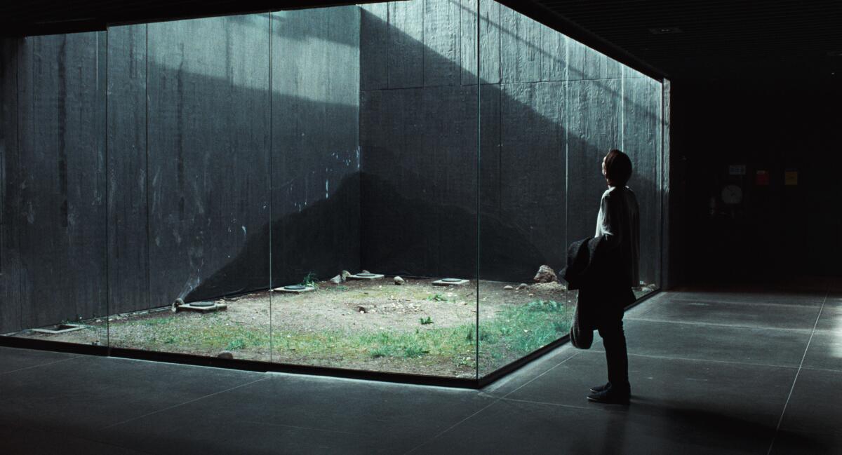 A woman stands looking through a glass wall at a building and a small patch of bare ground.