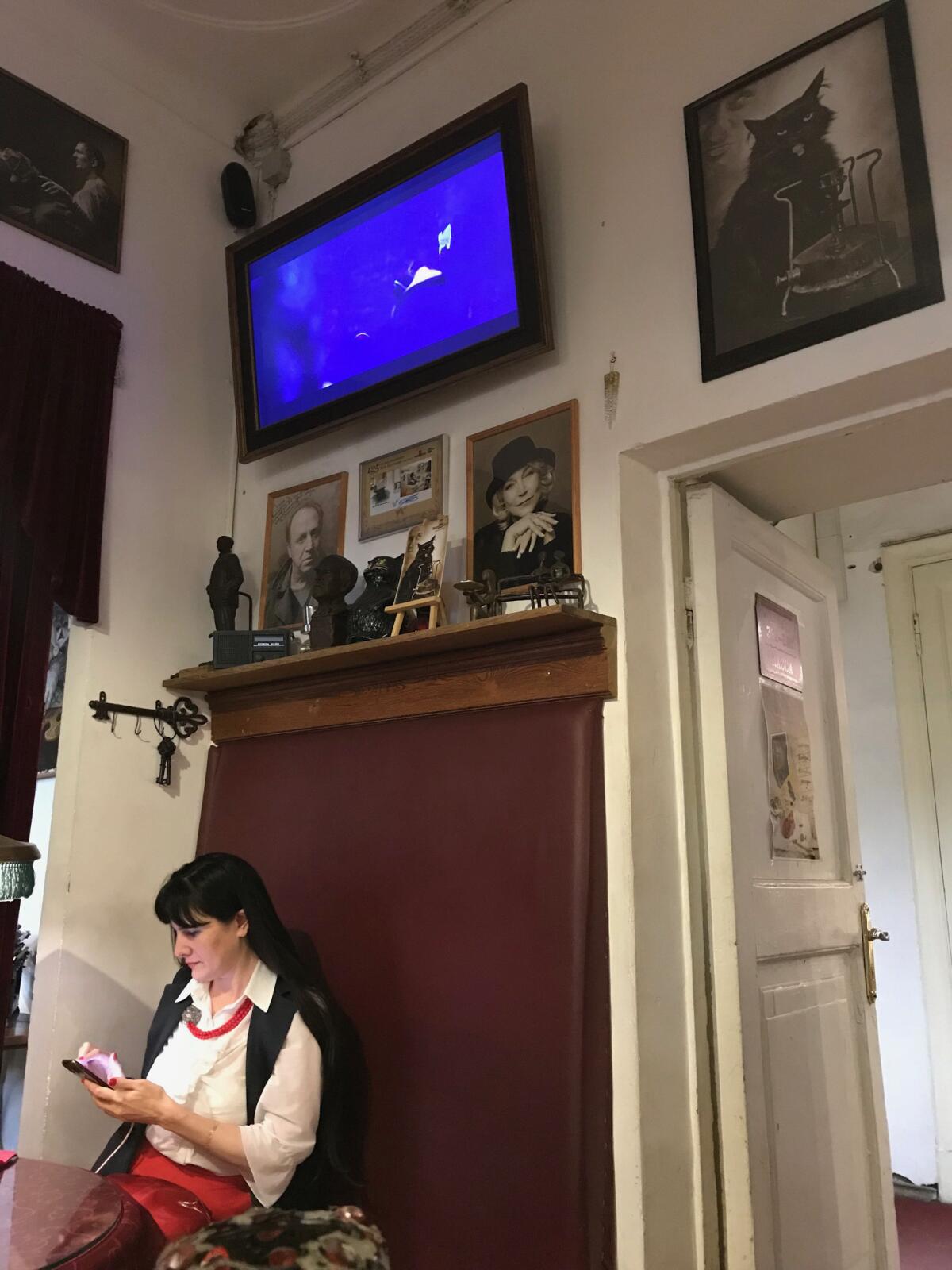 Natalya Sklyarova, the museum's executive director, sits in the cafe below a portrait of Begemot the cat.