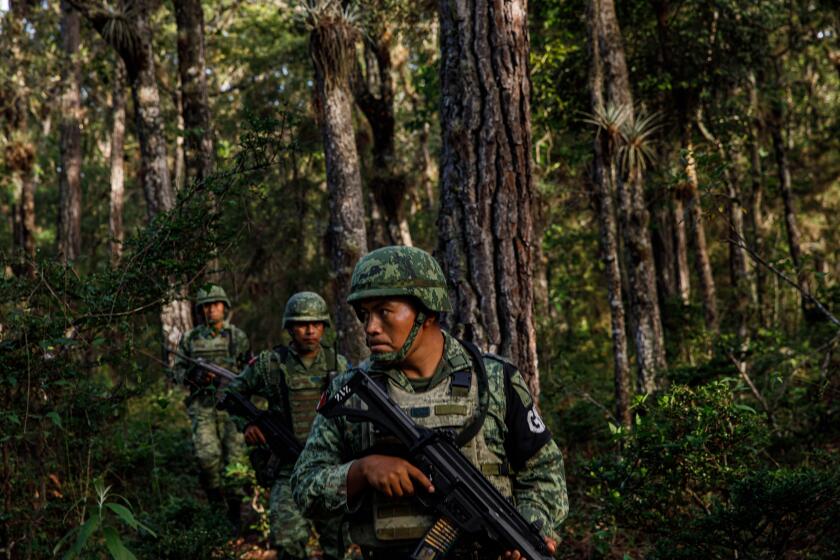 COMITÁN, CHIAPAS -- MONDAY, JUNE 24, 2019: The newly deployed Mexican National Guard searches for signs of undocumented travelers who travel on foot around road checkpoints to avoid detection near Comitán, Mexico, on June 24, 2019. (Marcus Yam / Los Angeles Times)