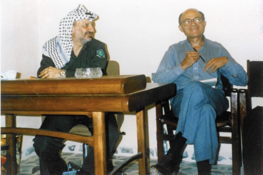 Leonard Beerman with Palestinian leader Yasser Arafat in Jordan in 1983. Beerman believed that Israel should claim the moral high ground and not resort to violence.