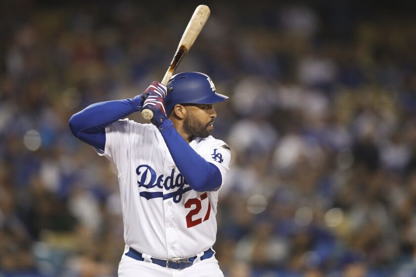 FILE - In this May 29, 2018, file photo, Los Angeles Dodgers' Matt Kemp stands in the batter's box during the fourth inning of the team's baseball game against the Philadelphia Phillies, Tuesday, May 29, 2018, in Los Angeles. A person familiar with the deal says veteran outfielder Kemp and the New York Mets have agreed to a minor league contract. The person spoke on condition of anonymity because the deal was pending a physical and had not been announced. (AP Photo/Jae C. Hong, File)