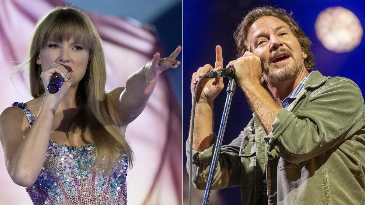 Taylor Swift pointing with one hand while singing, left, and Eddie Vedder pointing upward while doing the same
