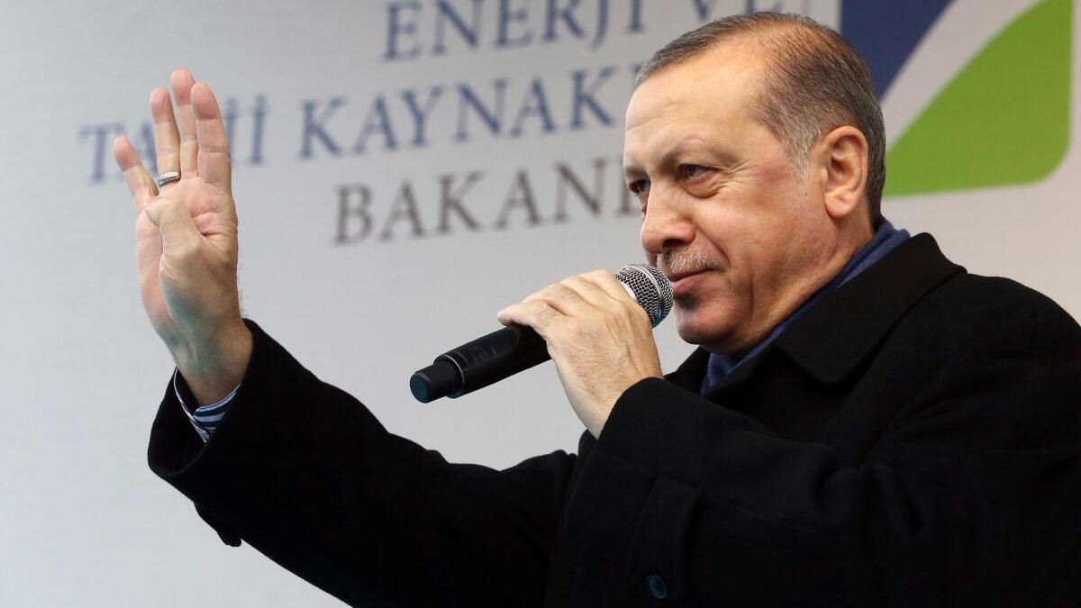 Turkish President Recep Tayyip Erdogan addresses his supporters in Aksaray, Turkey, on Friday.