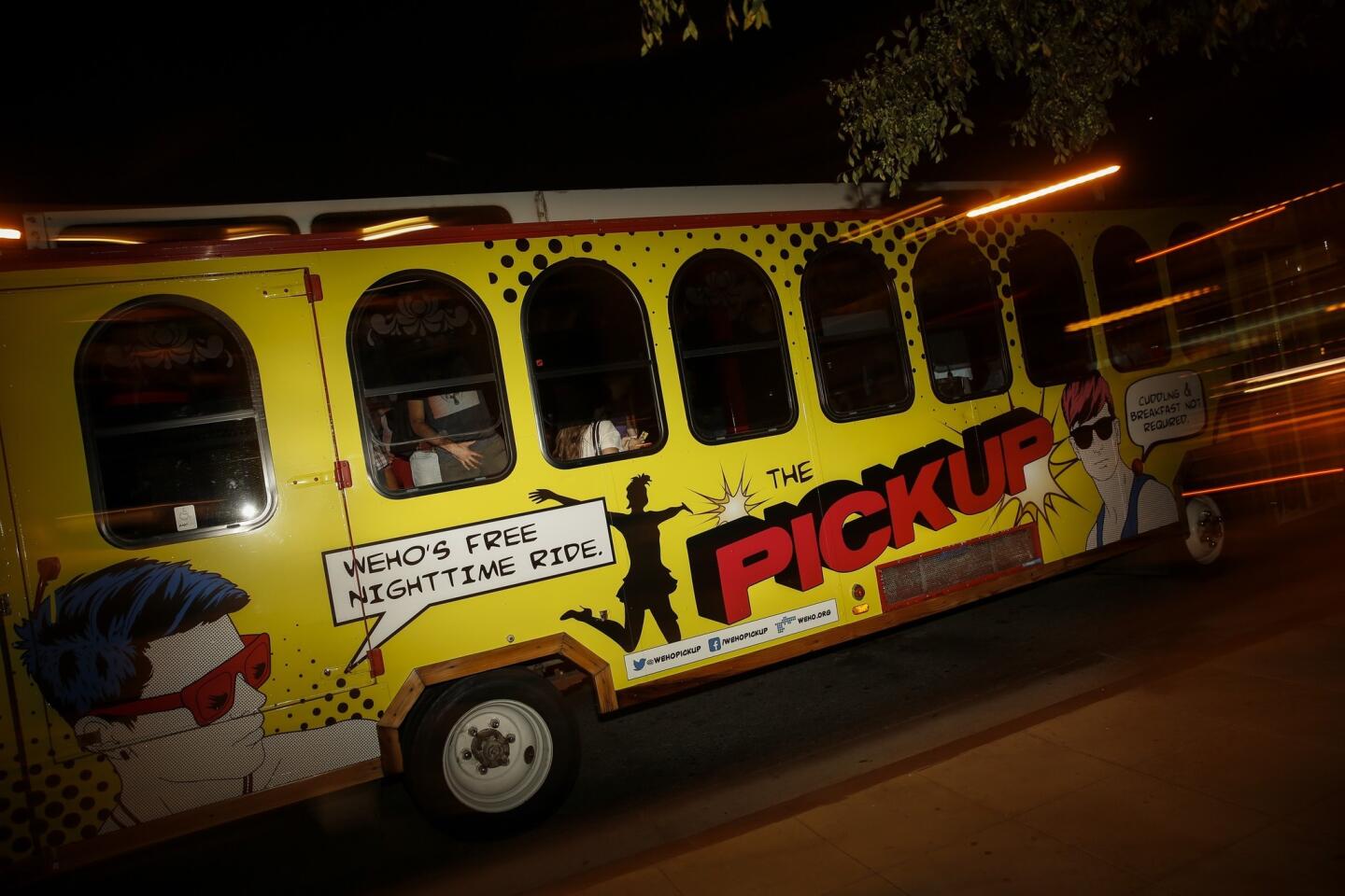 One of the two PickUp line trolleys drives on Santa Monica Boulevard between Robertson Boulevard and Fairfax Avenue. West Hollywood hopes it will spice up the nightlife and prevent drunk driving.