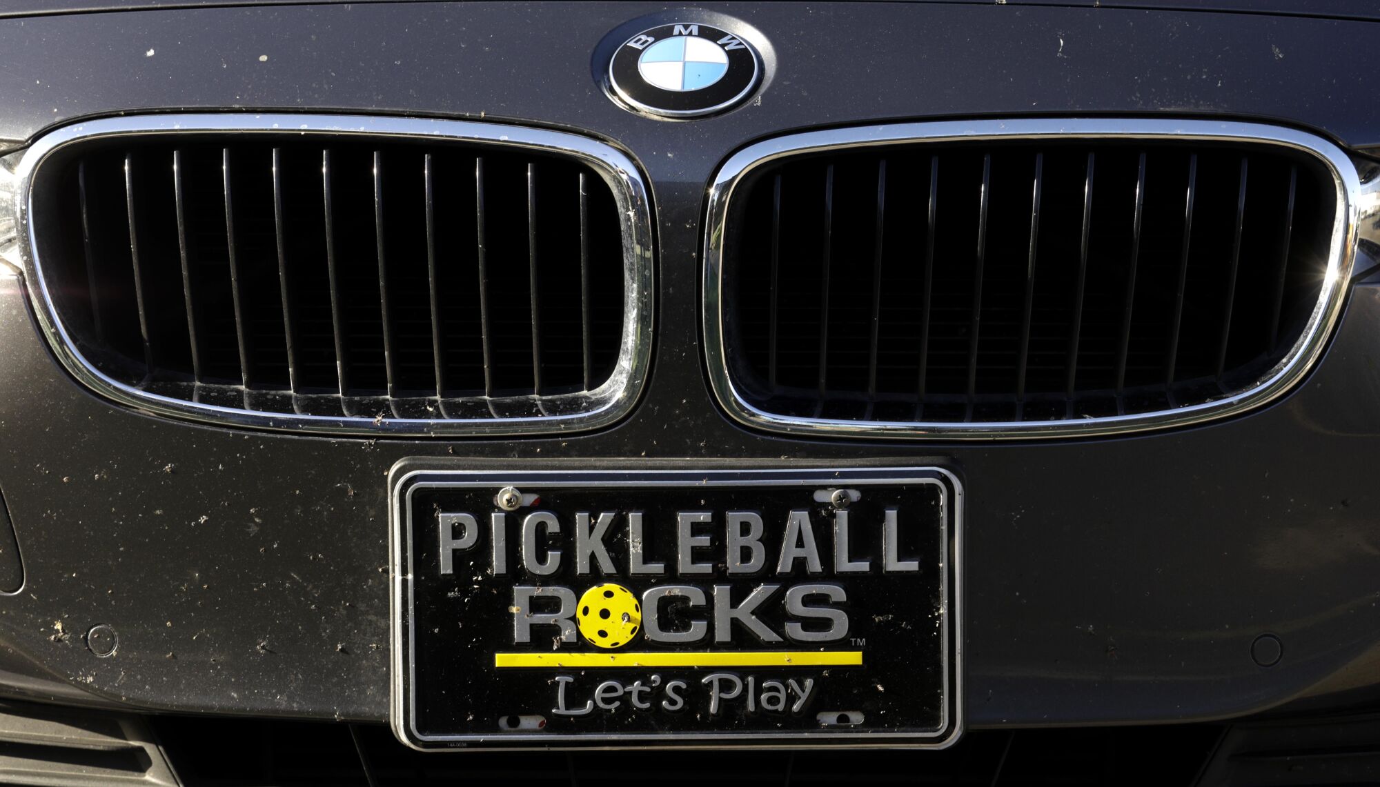 A car's front grill, with a "Pickleball rocks" license plate