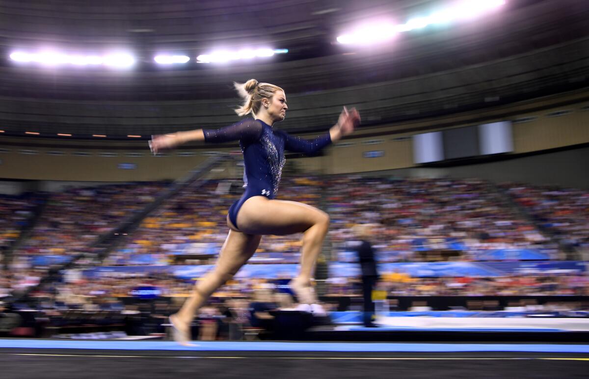 UCLA's Gracie Kramer competes in the vault at the NCAA championships in Fort Worth in April 2019.