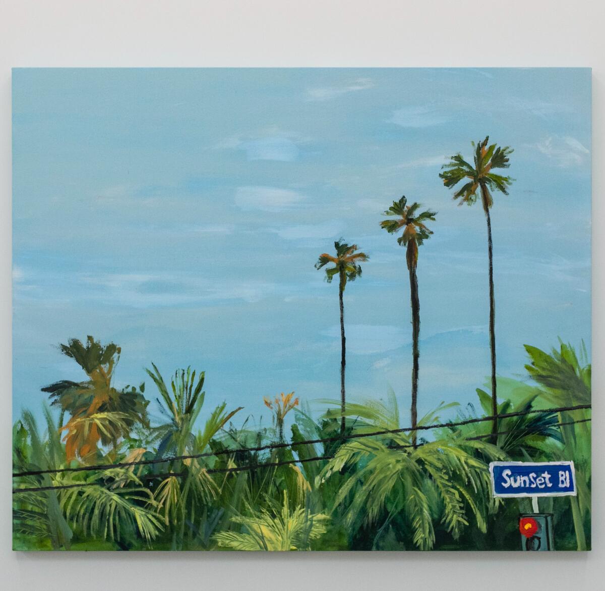 A painting featuring green palm trees and the Sunset Boulevard sign above a red traffic light.