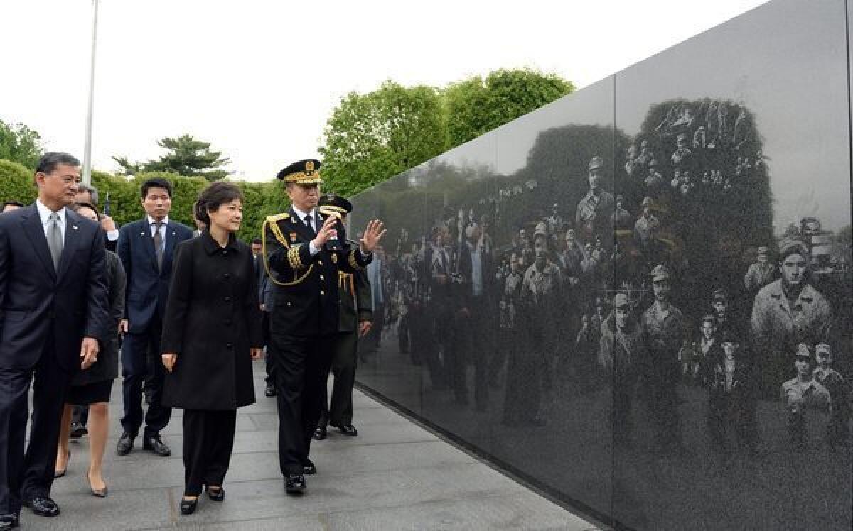 South Korean President Park Geun-hye tours the Korean War Veterans Memorial in Washington.