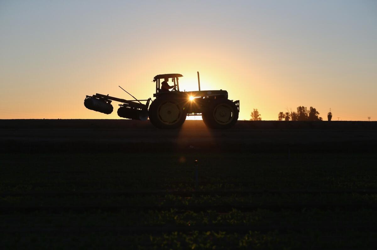 A tractor on a farm in Holtville, Calif. Nitrate pollution of groundwater from the use of nitrogen fertilizers is a widespread problem in the state's agricultural regions.