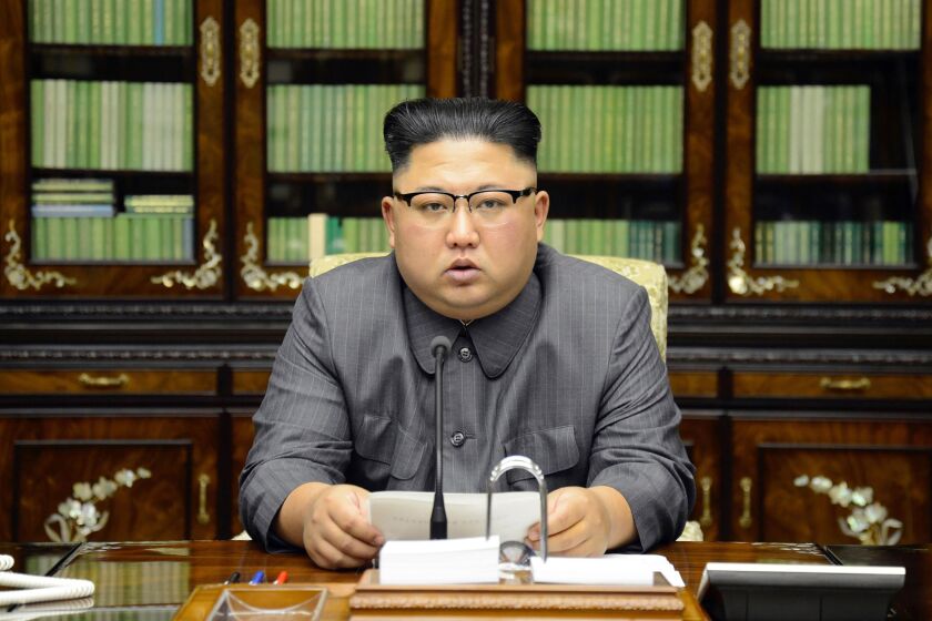 TOPSHOT - This picture taken on September 21, 2017 and released from North Korea's official Korean Central News Agency (KCNA) on September 22 shows North Korean leader Kim Jong-Un delivering a statement in Pyongyan as regards to a speech made by the president of the United States of America at the UN General Assembly. US President Donald Trump is "mentally deranged" and will "pay dearly" for his threat to destroy North Korea, Kim Jong-Un said, in an unprecedented personal attack published hours after Washington vowed tougher sanctions over Pyongyang's nuclear programme. / AFP PHOTO / KCNA VIA KNS / STR / South Korea OUT / REPUBLIC OF KOREA OUT ---EDITORS NOTE--- RESTRICTED TO EDITORIAL USE - MANDATORY CREDIT "AFP PHOTO/KCNA VIA KNS" - NO MARKETING NO ADVERTISING CAMPAIGNS - DISTRIBUTED AS A SERVICE TO CLIENTS THIS PICTURE WAS MADE AVAILABLE BY A THIRD PARTY. AFP CAN NOT INDEPENDENTLY VERIFY THE AUTHENTICITY, LOCATION, DATE AND CONTENT OF THIS IMAGE. THIS PHOTO IS DISTRIBUTED EXACTLY AS RECEIVED BY AFP. / (Photo credit should read STR/AFP via Getty Images)