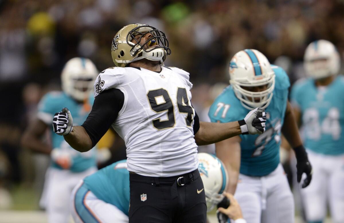 New Orleans defensive end Cameron Jordan celebrates a sack during the Saints' 38-17 win over the Miami Dolphins on Monday night.