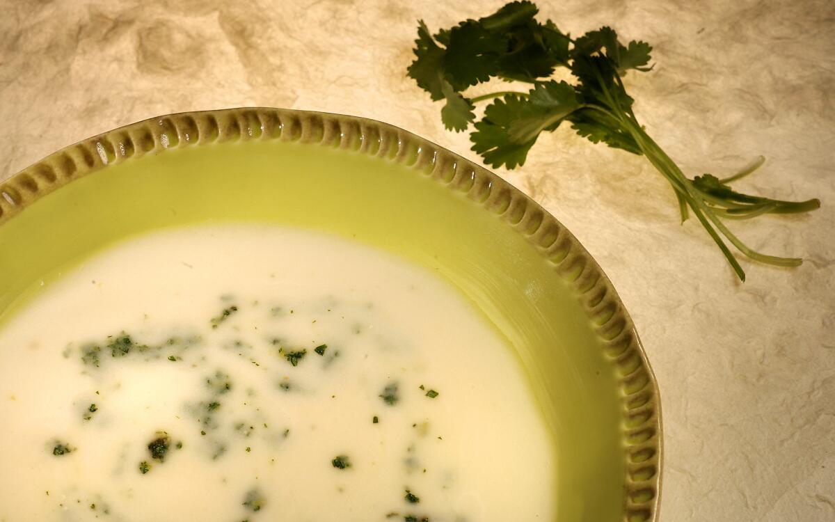 Potato leek soup with cilantro-anchovy chop