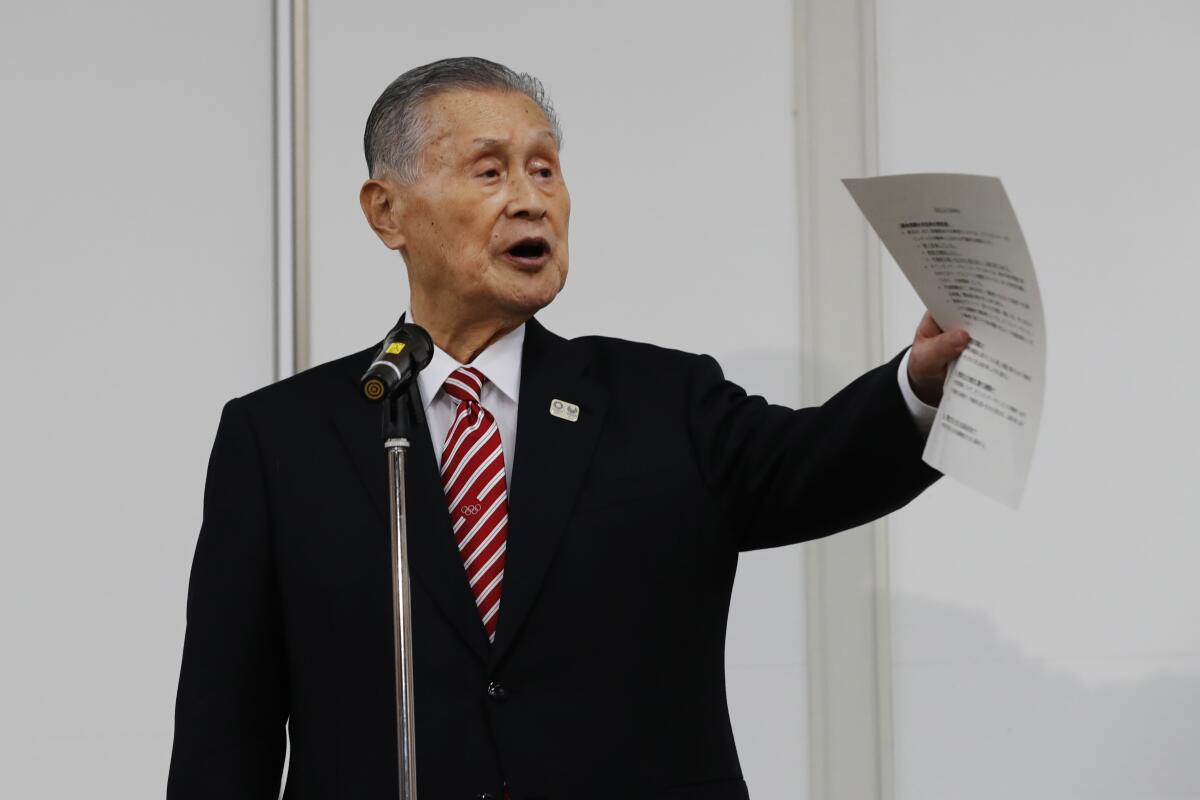 Yoshiro Mori, president of the Tokyo Olympics organizing committee, speaks at a news conference in Tokyo on Feb. 4.