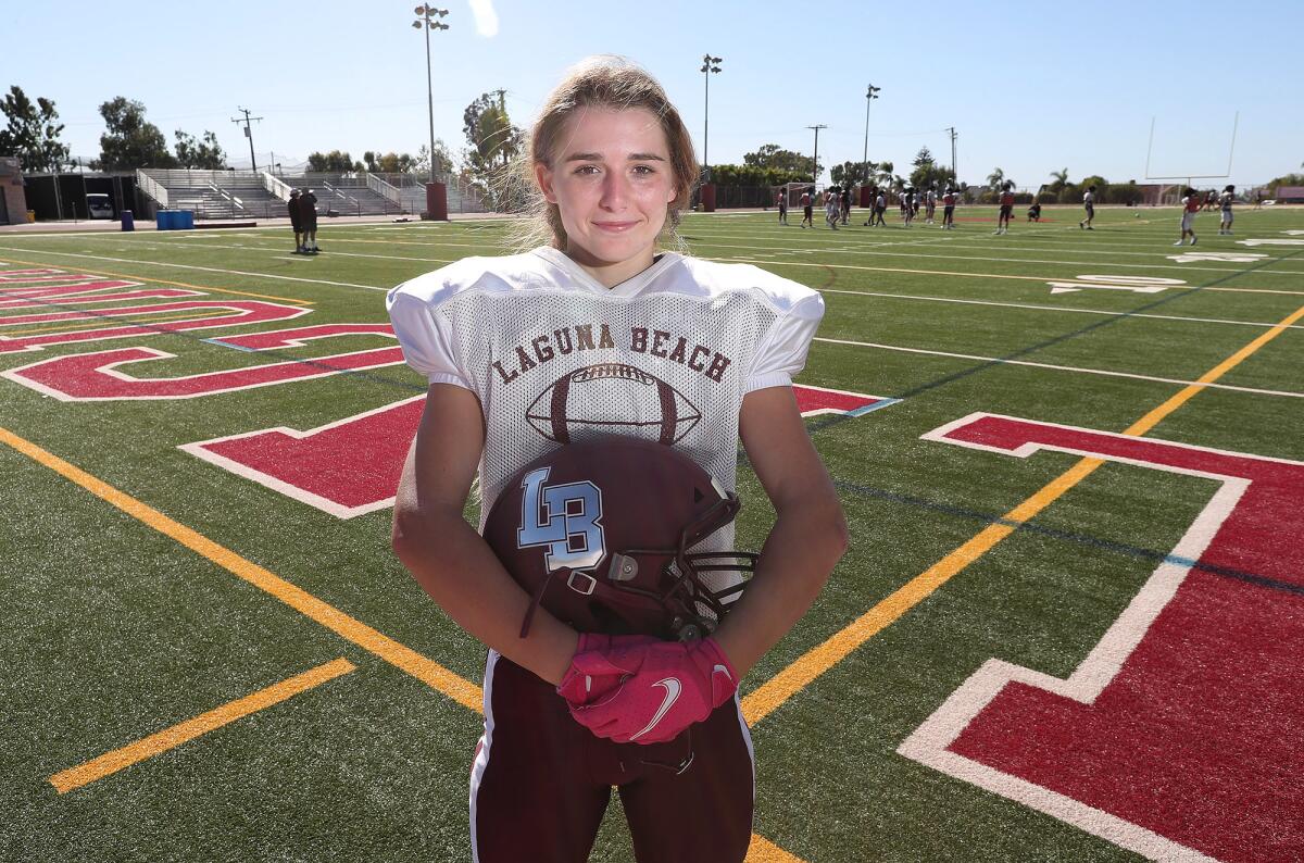 Laguna Beach football player Bella Rasmussen at practice on Tuesday.