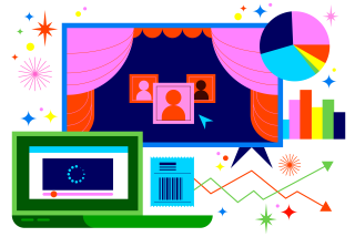Illustration showing movie theater, television, laptop with loading video screen, bar chart, pie chart and fever chart