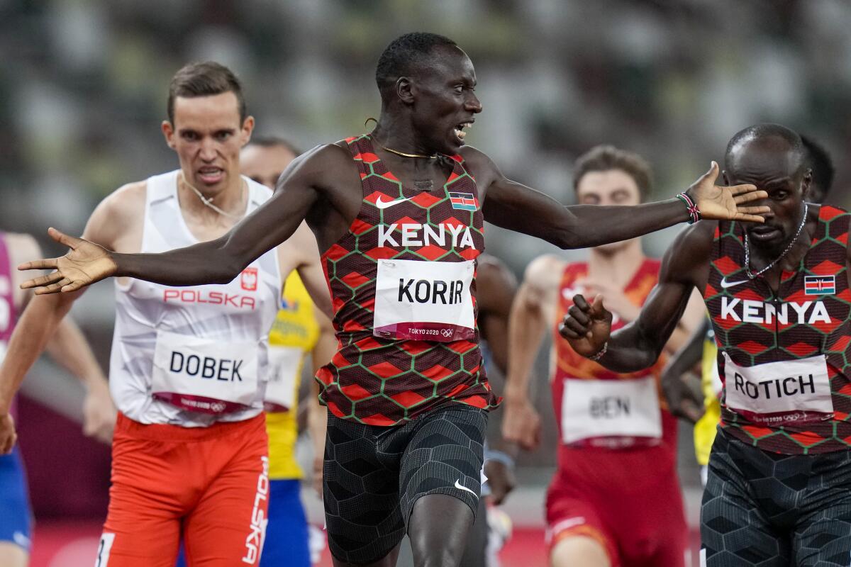 Emmanuel Korir, of Kenya, wins the men's 800-meter final at the 2020 Summer Olympics, Wednesday, Aug. 4, 2021, in Tokyo. (AP Photo/Petr David Josek)