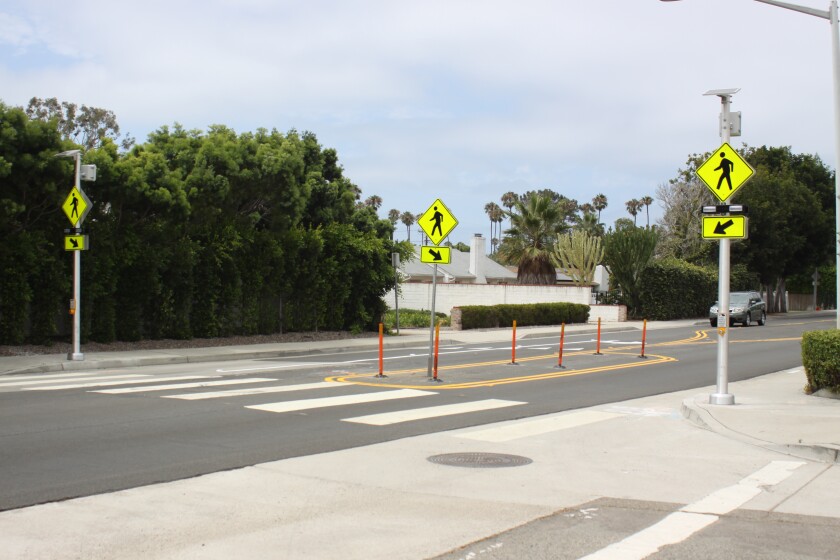 At La Jolla Boulevard and Mira Monte, there’s a new pedestrian refuge island and pedestrian-activated flashing crosswalk.