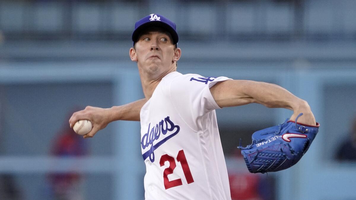 Walker Buehler of the Dodgers pitchers against the Philadelphia Phillies.