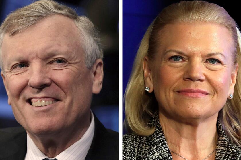 This photo combo of file images shows Charter Communications CEO Thomas Rutledge, left, and IBM CEO Virginia Rometty. Rutledge was the highest paid CEO in 2016, and Rometty was the highest paid female CEO, according to a study carried out by executive compensation data firm Equilar and The Associated Press. (AP Photo/Richard Drew)