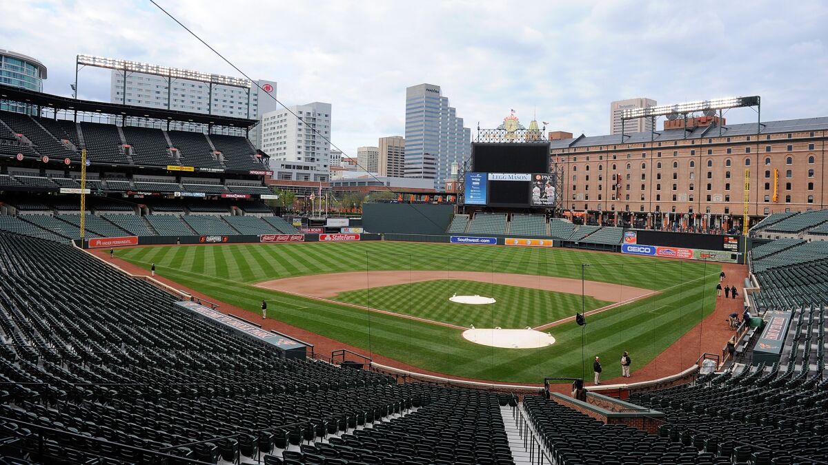 An empty Oriole Park at Camden Yards is shown after the April 27 game between the Baltimore Orioles and Chicago White Sox was postponed.